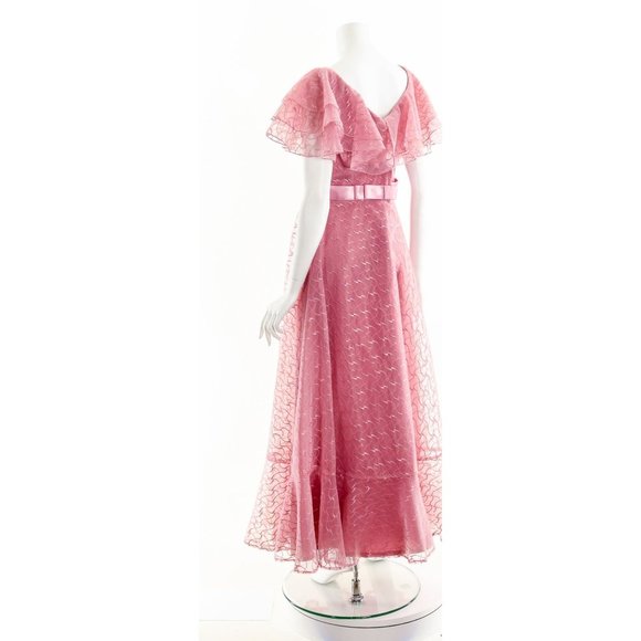 Raspberry Pink Sheer Ruffle Dress,Sheer Lace PInk Gown,60s Gone with the Wind St - Picture 8 of 10